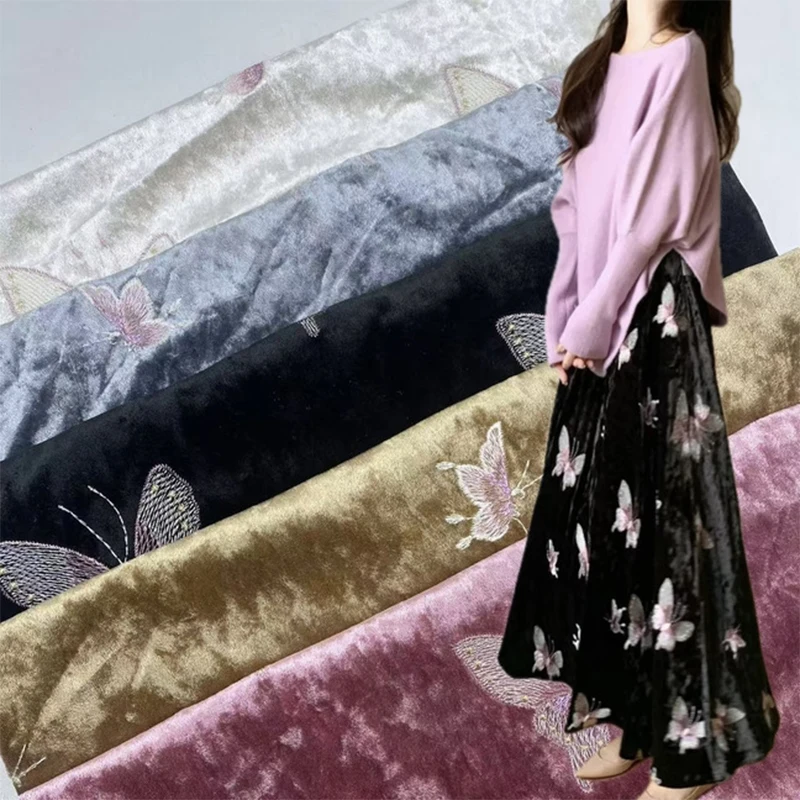 Sewing Velvet Fabric - المخملية الملونة فراشة المطرزة النسيج الراقية
